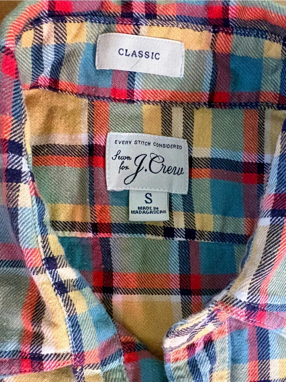 J. Crew Plaid Button-Down Shirt in Yellow, Teal & Red Small